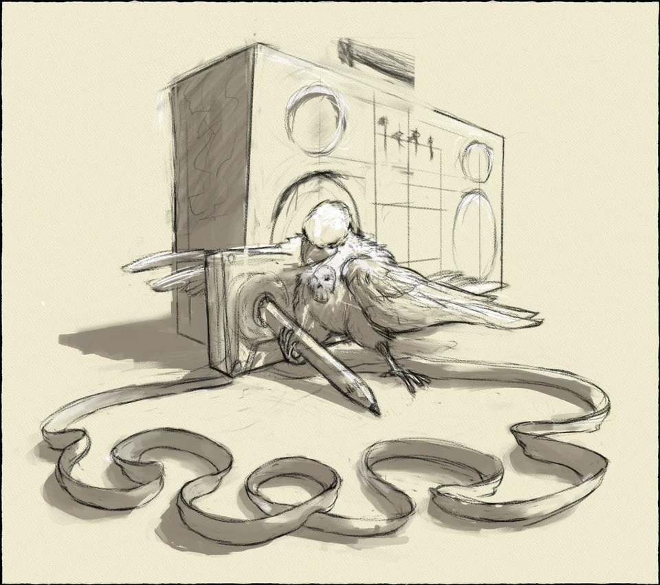 A Dethbird resting against a cassette player.